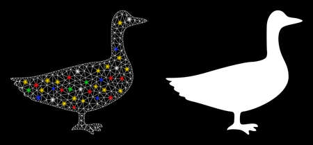 Flare mesh goose icon with lightspot effect. Abstract illuminated model of goose. Shiny wire carcass polygonal mesh goose icon. Vector abstraction on a black background.のイラスト素材