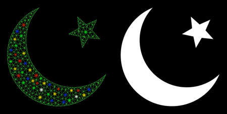 Flare mesh muslim moon icon with lightspot effect. Abstract illuminated model of muslim moon. Shiny wire carcass polygonal mesh muslim moon icon. Vector abstraction on a black background.のイラスト素材