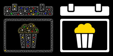 Glossy mesh national popcorn day icon with glare effect. Abstract illuminated model of national popcorn day. Shiny wire carcass triangular mesh national popcorn day icon.のイラスト素材