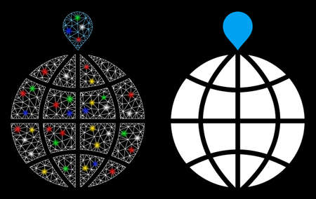 Glowing mesh north pole icon with sparkle effect. Abstract illuminated model of north pole. Shiny wire carcass polygonal network north pole icon. Vector abstraction on a black background.のイラスト素材