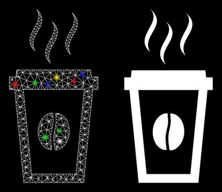 Glossy mesh paper coffee cup icon with lightspot effect. Abstract illuminated model of paper coffee cup. Shiny wire frame triangular mesh paper coffee cup icon.のイラスト素材