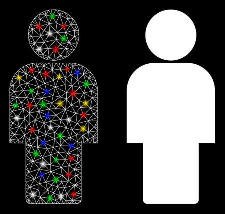 Bright mesh person icon with glare effect. Abstract illuminated model of person. Shiny wire frame polygonal network person icon. Vector abstraction on a black background.のイラスト素材
