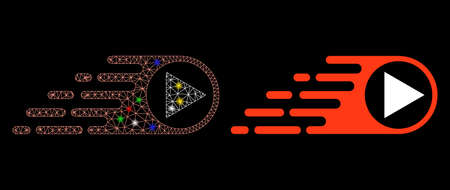 Glowing mesh rush right direction icon with glitter effect. Abstract illuminated model of rush right direction. Shiny wire carcass polygonal network rush right direction icon.のイラスト素材