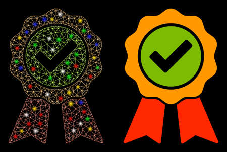 Glossy mesh the best icon with lightspot effect. Abstract illuminated model of the best. Shiny wire carcass polygonal mesh the best icon. Vector abstraction on a black background.のイラスト素材