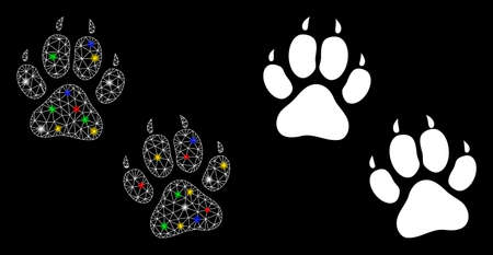 Flare mesh tiger footprints icon with lightspot effect. Abstract illuminated model of tiger footprints. Shiny wire carcass triangular mesh tiger footprints icon.のイラスト素材
