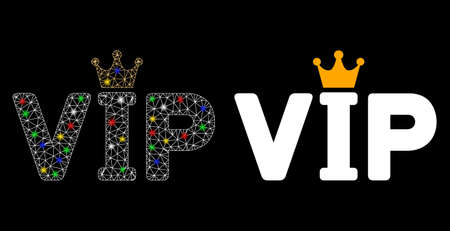 Glowing mesh VIP icon with glare effect. Abstract illuminated model of VIP. Shiny wire frame polygonal mesh VIP icon. Vector abstraction on a black background.のイラスト素材