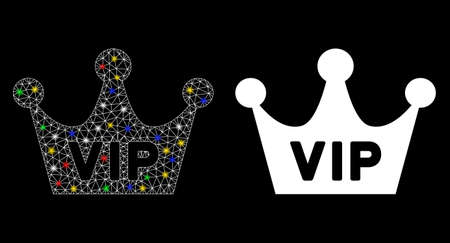 Glossy mesh VIP crown icon with sparkle effect. Abstract illuminated model of VIP crown. Shiny wire frame polygonal network VIP crown icon. Vector abstraction on a black background.のイラスト素材