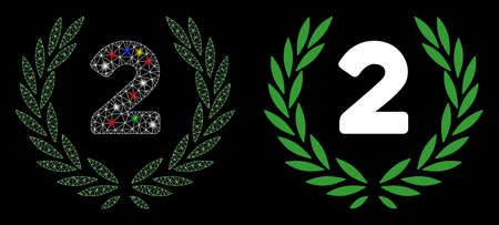 Glowing mesh second laurel wreath icon with glitter effect. Abstract illuminated model of second laurel wreath. Shiny wire carcass polygonal mesh second laurel wreath icon.のイラスト素材