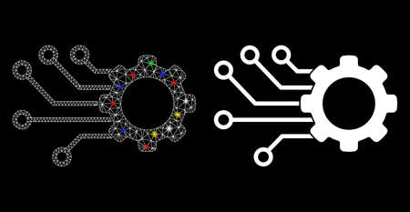 Flare mesh smart gear icon with glare effect. Abstract illuminated model of smart gear. Shiny wire carcass polygonal mesh smart gear icon. Vector abstraction on a black background.のイラスト素材