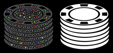 Flare mesh casino chip stack icon with glow effect. Abstract illuminated model of casino chip stack. Shiny wire frame triangular network casino chip stack icon.のイラスト素材