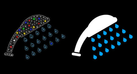 Glowing mesh water shower icon with glare effect. Abstract illuminated model of water shower. Shiny wire frame triangular mesh water shower icon. Vector abstraction on a black background.のイラスト素材