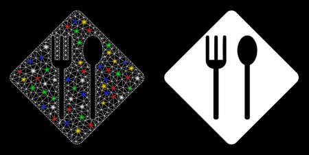 Flare mesh fork and spoon icon with lightspot effect. Abstract illuminated model of fork and spoon. Shiny wire frame triangular mesh fork and spoon icon. Vector abstraction on a black background.のイラスト素材