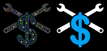 Flare mesh service price icon with glitter effect. Abstract illuminated model of service price. Shiny wire carcass polygonal mesh service price icon. Vector abstraction on a black background.のイラスト素材
