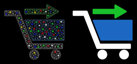 Glowing mesh check out cart icon with lightspot effect. Abstract illuminated model of check out cart. Shiny wire carcass triangular mesh check out cart icon. Vector abstraction on a black background.のイラスト素材