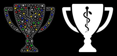 Glowing mesh medical award cup icon with glare effect. Abstract illuminated model of medical award cup. Shiny wire frame polygonal network medical award cup icon.のイラスト素材