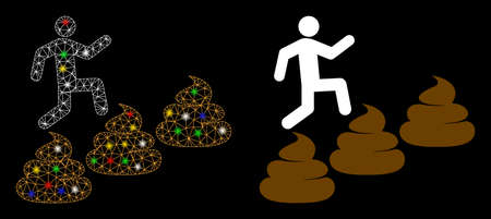 Glossy mesh person climbing shit levels icon with glitter effect. Abstract illuminated model of...