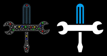 Glossy mesh tools icon with sparkle effect. Abstract illuminated model of tools. Shiny wire frame polygonal mesh tools icon. Vector abstraction on a black background.のイラスト素材