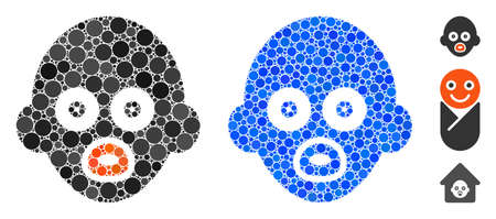 Baby head composition of round dots in different sizes and shades, based on baby head icon. Vector dots are organized into blue composition. Dotted baby head icon in usual and blue versions.のイラスト素材
