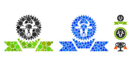 Cattle award ribbon mosaic of small circles in variable sizes and color tones, based on cattle award ribbon icon. Vector random circles are composed into blue mosaic.のイラスト素材