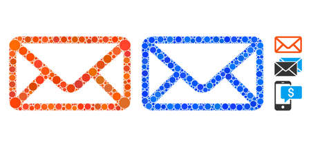 Envelope composition of filled circles in various sizes and shades, based on envelope icon. Vector filled circles are grouped into blue illustration. Dotted envelope icon in usual and blue versions.のイラスト素材