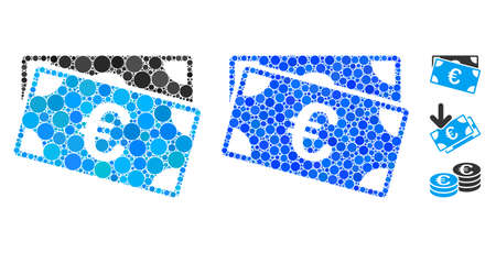 Euro banknotes composition of round dots in different sizes and shades, based on Euro banknotes icon. Vector round dots are organized into blue collage.のイラスト素材