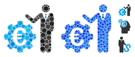 Euro businessman composition of round dots in variable sizes and color tones, based on Euro businessman icon. Vector round dots are grouped into blue collage.のイラスト素材