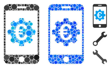Euro mobile options mosaic of round dots in variable sizes and color tints, based on Euro mobile options icon. Vector round dots are united into blue mosaic.のイラスト素材