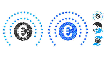 Euro shield sphere composition of circle elements in variable sizes and color hues, based on Euro shield sphere icon. Vector circle elements are organized into blue composition.のイラスト素材