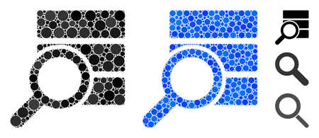 Explore database mosaic of filled circles in variable sizes and color hues, based on explore database icon. Vector small circles are organized into blue mosaic.のイラスト素材