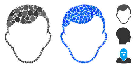 Face template composition of small circles in variable sizes and shades, based on face template icon. Vector small circles are organized into blue mosaic.のイラスト素材