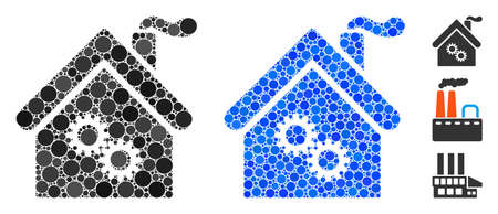 Factory building composition of circle elements in different sizes and shades, based on factory building icon. Vector circle elements are combined into blue mosaic.のイラスト素材