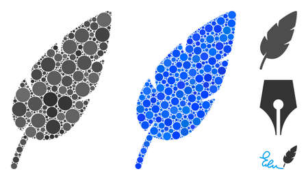 Feather composition of circle elements in variable sizes and color tinges, based on feather icon. Vector circle elements are grouped into blue composition.のイラスト素材
