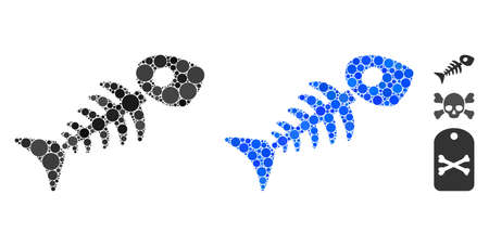 Fish skeleton mosaic of small circles in different sizes and shades, based on fish skeleton icon. Vector small circles are grouped into blue mosaic.のイラスト素材