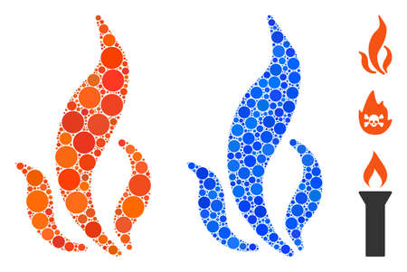 Flame composition of circle elements in variable sizes and color tones, based on flame icon. Vector circle elements are combined into blue mosaic. Dotted flame icon in usual and blue versions.のイラスト素材