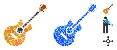 Guitar composition of filled circles in different sizes and color tints, based on guitar icon. Vector filled circles are united into blue composition. Dotted guitar icon in usual and blue versions.のイラスト素材