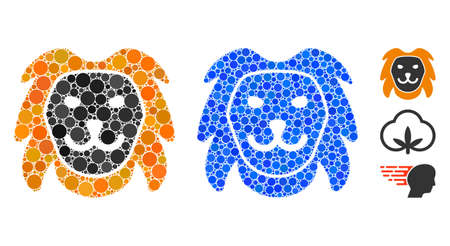 Lion head mosaic of round dots in different sizes and color tinges, based on lion head icon. Vector round dots are organized into blue composition. Dotted lion head icon in usual and blue versions.のイラスト素材