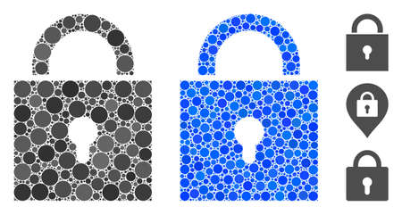 Lock composition of filled circles in different sizes and color tones, based on lock icon. Vector filled circles are composed into blue collage. Dotted lock icon in usual and blue versions.のイラスト素材