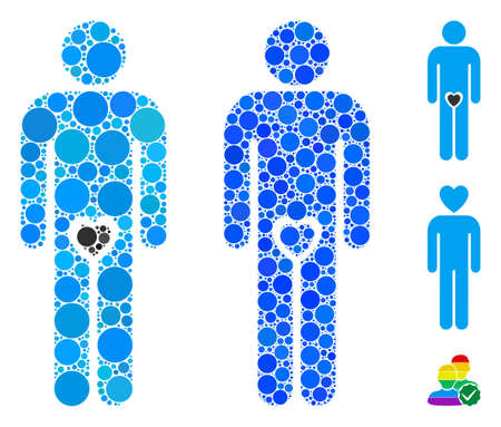 Lover guy composition of small circles in different sizes and color tinges, based on lover guy icon. Vector small circles are organized into blue composition.のイラスト素材