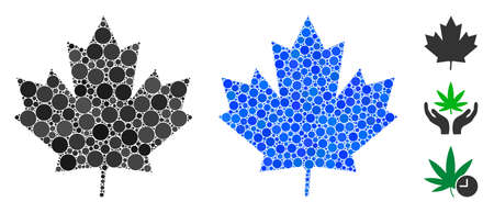 Maple leaf mosaic of small circles in various sizes and color tones, based on maple leaf icon. Vector small circles are organized into blue collage. Dotted maple leaf icon in usual and blue versions.のイラスト素材