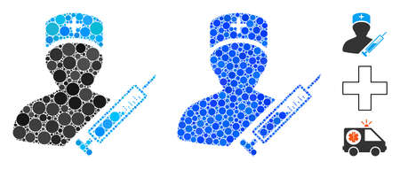 Medic composition of filled circles in different sizes and color tints, based on medic icon. Vector filled circles are organized into blue mosaic. Dotted medic icon in usual and blue versions.のイラスト素材