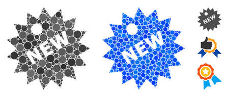 New sticker composition of filled circles in variable sizes and color hues, based on new sticker icon. Vector small circles are composed into blue mosaic.のイラスト素材