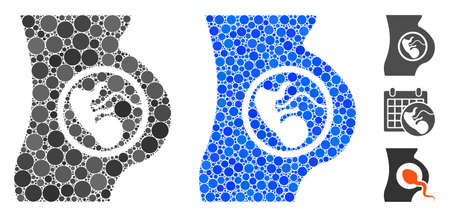 Pregnancy mosaic of round dots in various sizes and color tones, based on pregnancy icon. Vector dots are grouped into blue mosaic. Dotted pregnancy icon in usual and blue versions.のイラスト素材