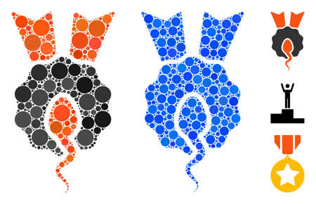 Sperm winner mosaic of small circles in various sizes and shades, based on sperm winner icon. Vector filled circles are composed into blue mosaic. Dotted sperm winner icon in usual and blue versions.のイラスト素材