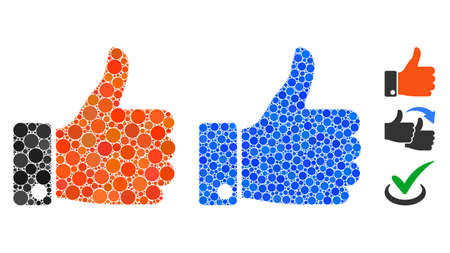 Thumb up mosaic of round dots in various sizes and shades, based on thumb up icon. Vector round dots...