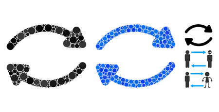 Update mosaic of small circles in variable sizes and color tones, based on update icon. Vector random circles are organized into blue mosaic. Dotted update icon in usual and blue versions.のイラスト素材