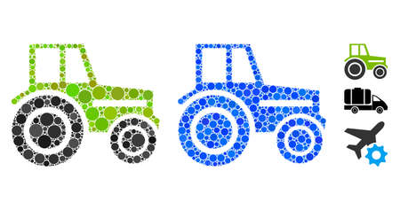 Wheeled tractor mosaic of round dots in variable sizes and color hues, based on wheeled tractor icon. Vector round dots are composed into blue mosaic.のイラスト素材