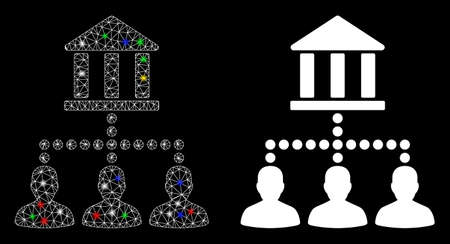 Glossy mesh bank clients icon with lightspot effect. Abstract illuminated model of bank clients. Shiny wire frame polygonal mesh bank clients icon. Vector abstraction on a black background.のイラスト素材