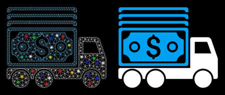 Glowing mesh cash lorry icon with glare effect. Abstract illuminated model of cash lorry. Shiny wire frame triangular mesh cash lorry icon. Vector abstraction on a black background.のイラスト素材