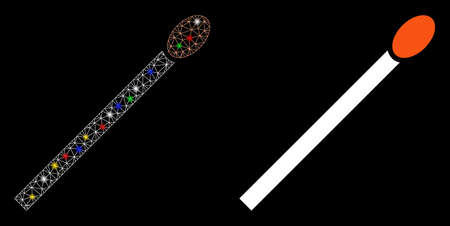 Flare mesh match icon with glitter effect. Abstract illuminated model of match. Shiny wire frame triangular mesh match icon. Vector abstraction on a black background.のイラスト素材