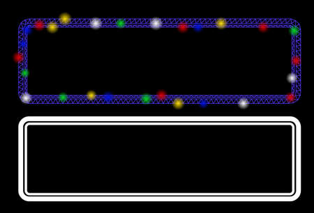 Bright mesh double rounded rectangle frame icon with glare effect. Abstract illuminated model of double rounded rectangle frame. Shiny wire carcass triangular mesh double rounded rectangle frame icon.のイラスト素材